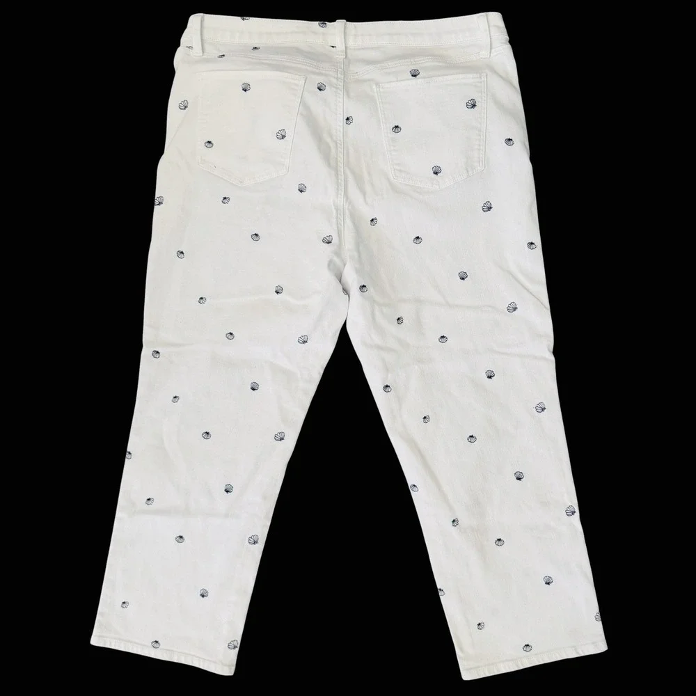 Talbots Crop Straight Leg Jeans White Sz 16 Embroidered Seashells Coastal Beachy